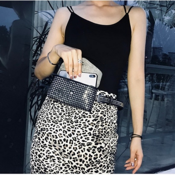 Brown Fanny Pack Waist Bag Studded Faux Leather - Picture 3 of 8